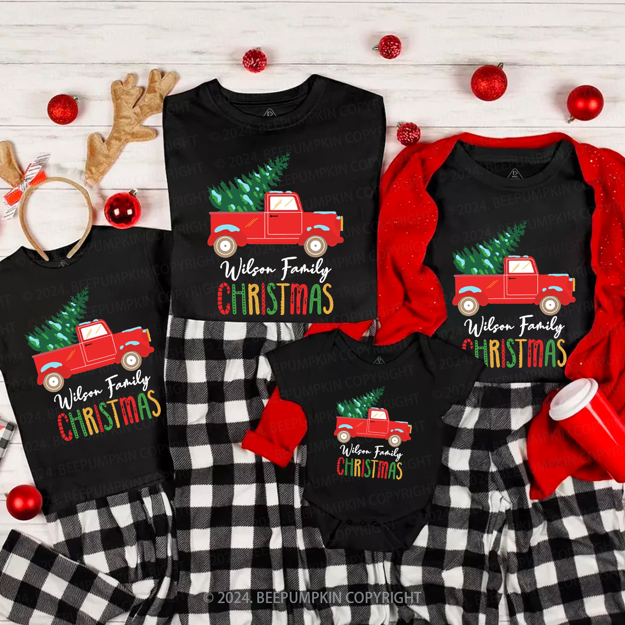 Personalized  Red Truck And Christmas Tree Matching T-Shirts Beepumpkin