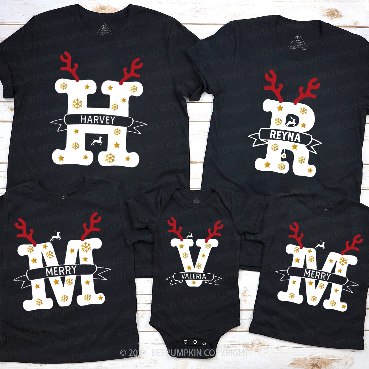 Personalized Antlers And Golden Snowflakes Christmas Matching T-Shirts Beepumpkin