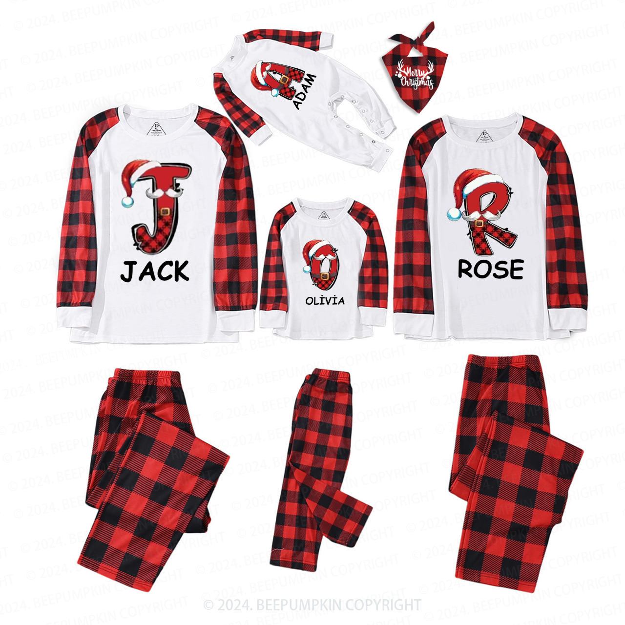 Personalized Plaid Name And Santa Hat Family Matching Pajama Set Beepumpkin