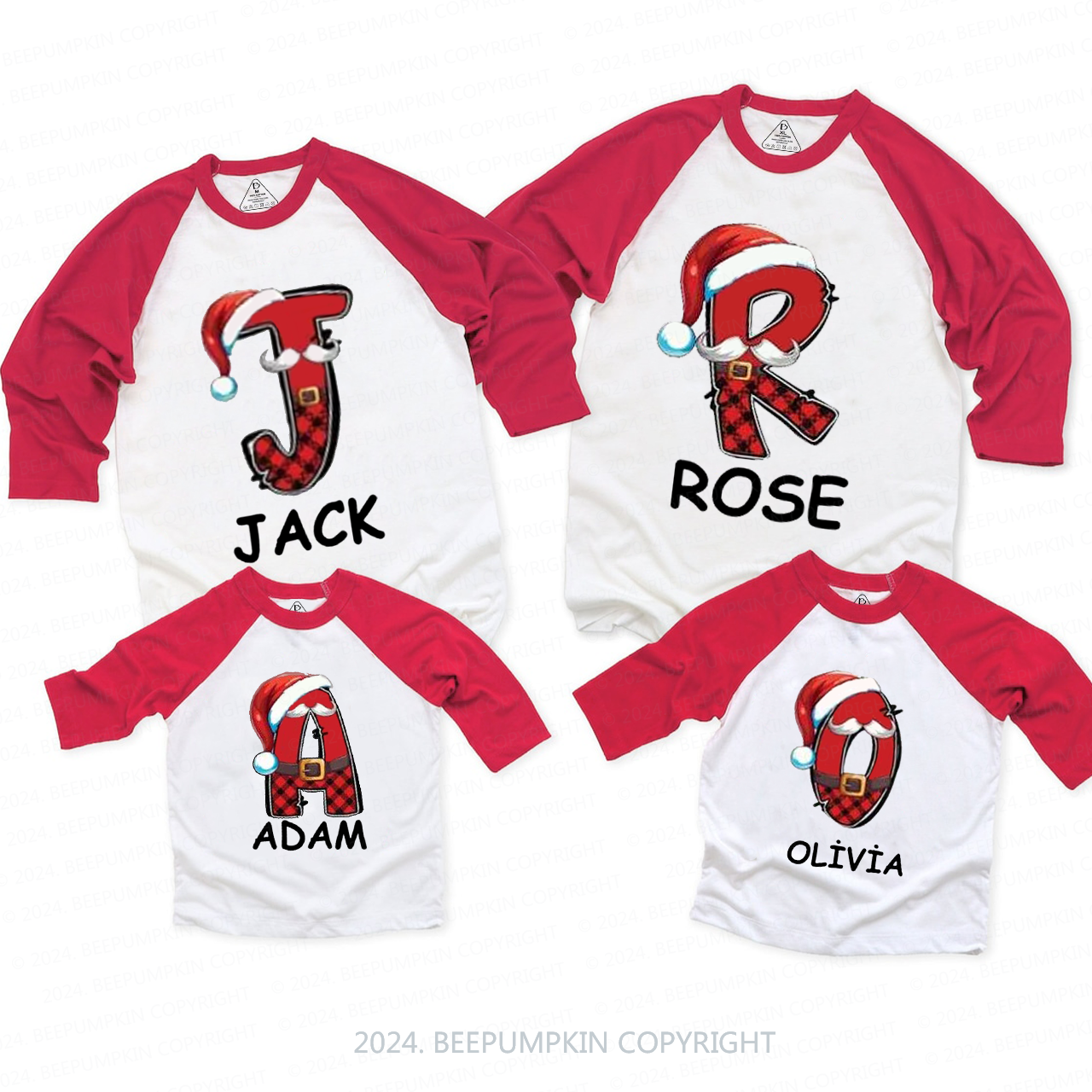 Personalized Plaid Name And Santa Hat Family Matching Raglan Sleeves T-Shirts Beepumpkin 