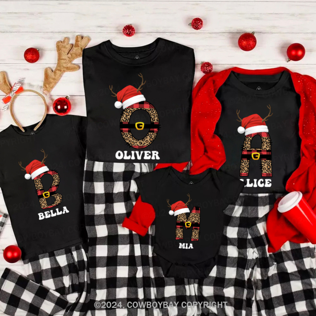 Personalized Monogrammed Plaid Letter With Santa Hat Christmas Family Matching T-Shirts Beepumpkin