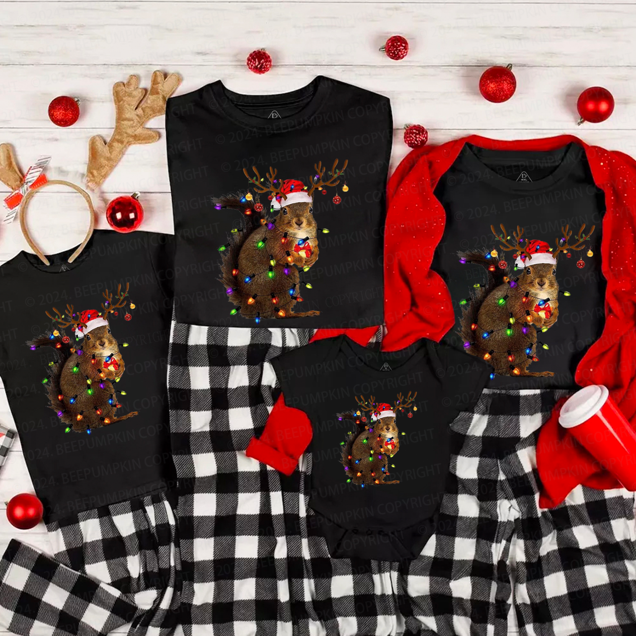 Squirrel Christmas Lights Family Matching T-Shirts Beepumpkin