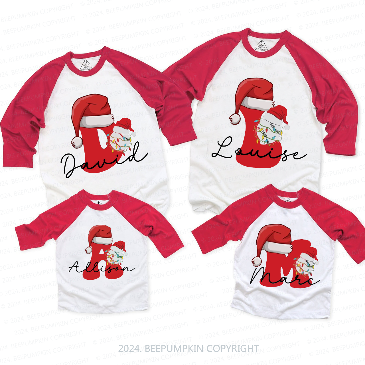 Personalized Baseball Christmas Letter Family Matching Raglan Sleeves T-Shirts Beepumpkin 