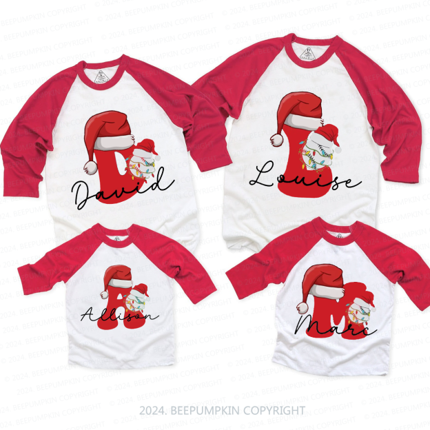 Personalized Baseball Christmas Letter Family Matching Raglan Sleeves T-Shirts Beepumpkin 
