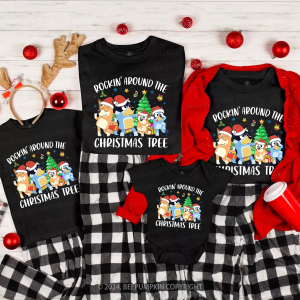 Image of Cartoon Dog Rockin' Around The Christmas Tree Family Matching T-Shirts Beepumpkin