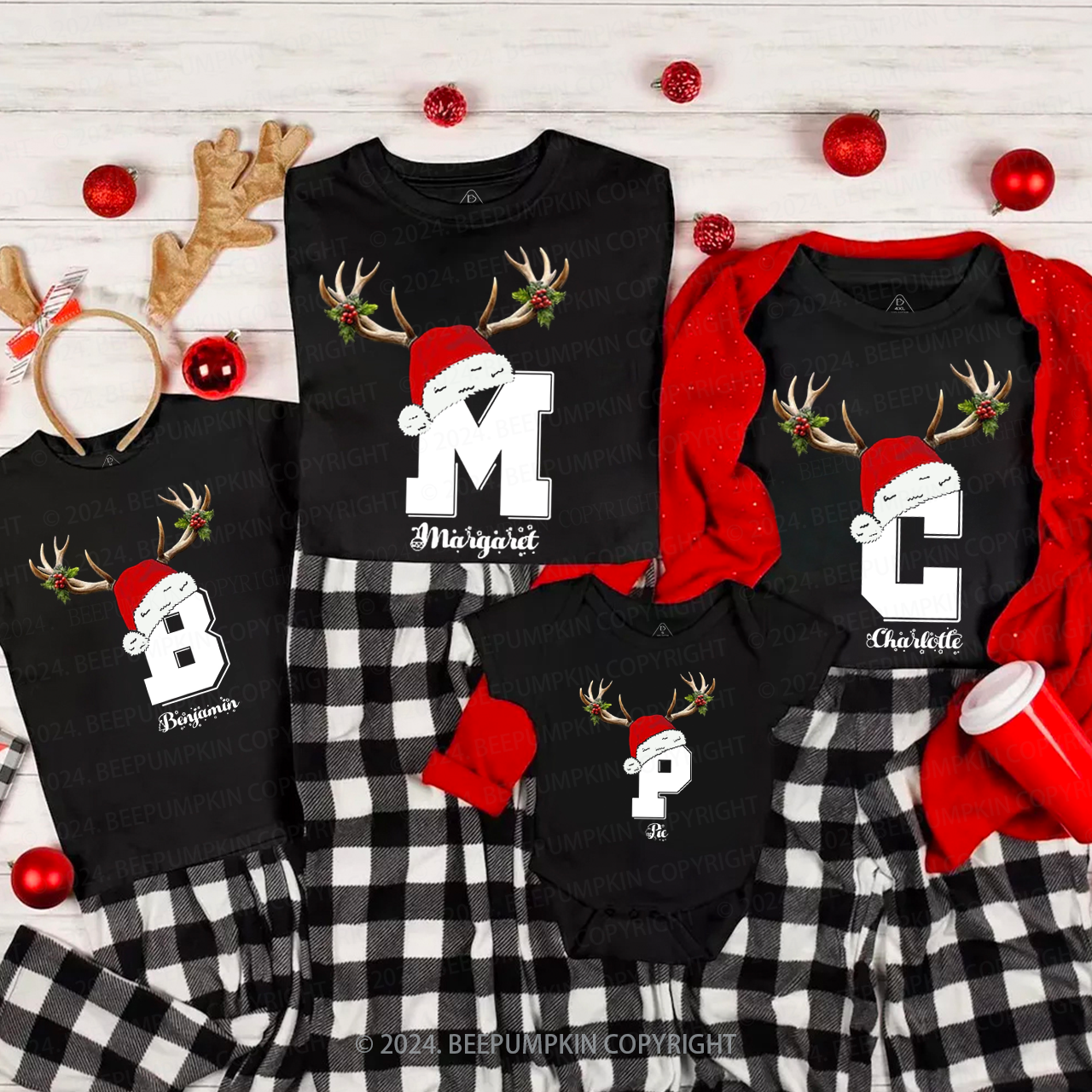 Personalized Deer Antler Name Monogram Christmas Family Matching T-Shirts Beepumpkin