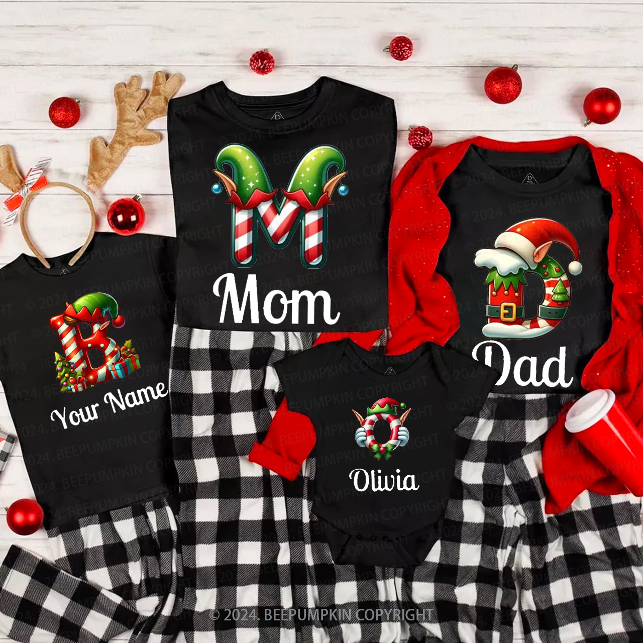 Personalized Elf Monogrammed Family Matching T-Shirts Beepumpkin