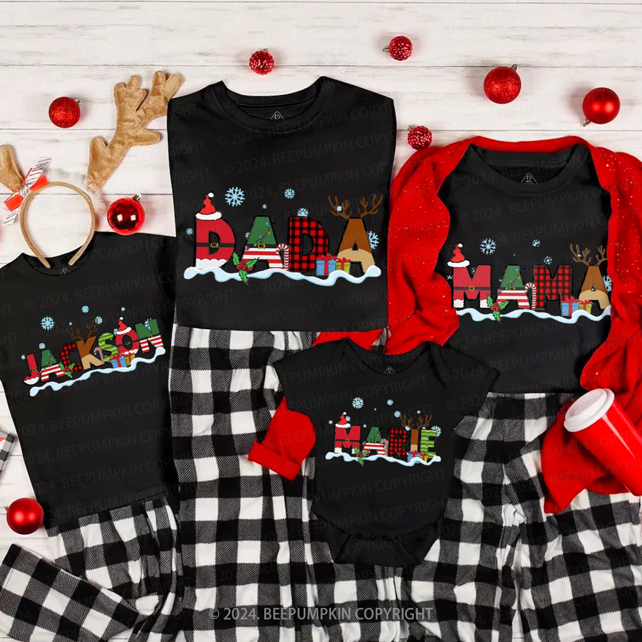 Personalized Reindeer Letters Christmas Family Matching T-Shirts Beepumpkin