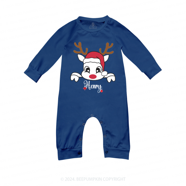 Personalized Christmas Reindeer With Santa Hat Matching Blue Pajamas Beepumpkin