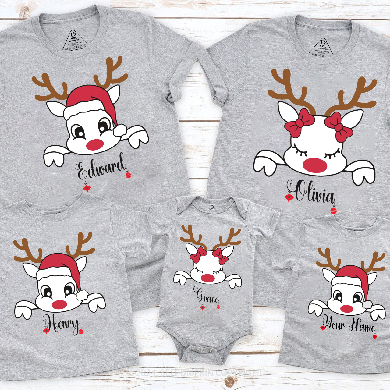 Personalized Christmas Reindeer With Santa Hat Family Matching T-Shirts Beepumpkin