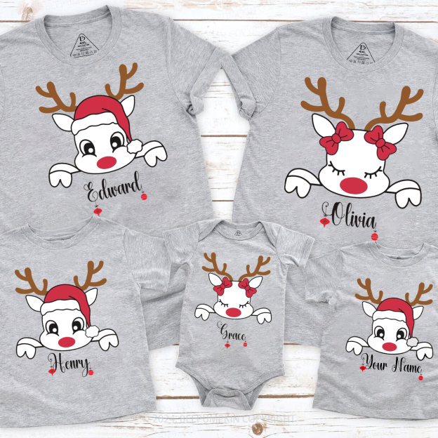 Personalized Christmas Reindeer With Santa Hat Family Matching T-Shirts Beepumpkin