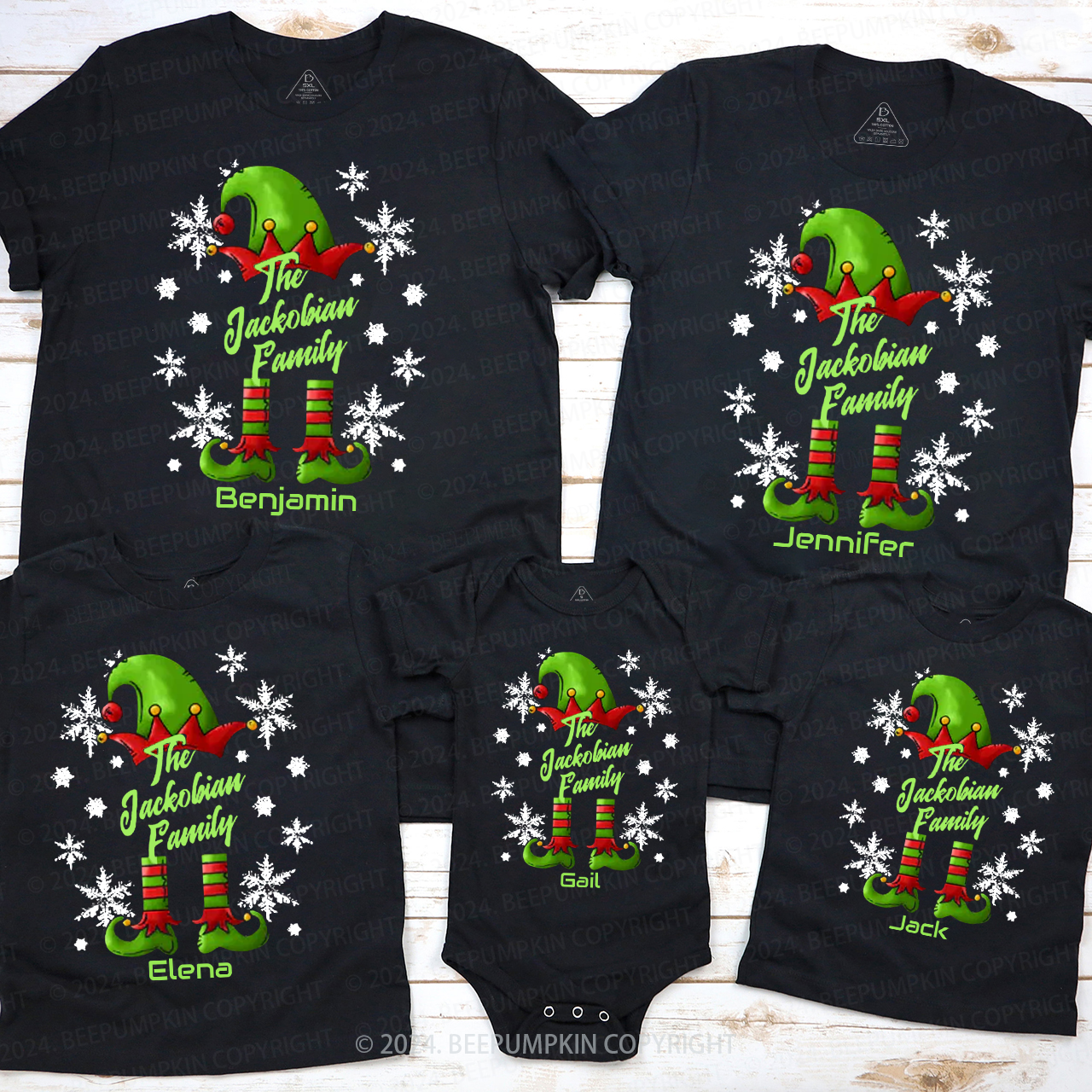 Personalized Snowflake Elf Christmas Family Matching T-Shirts Beepumpkin