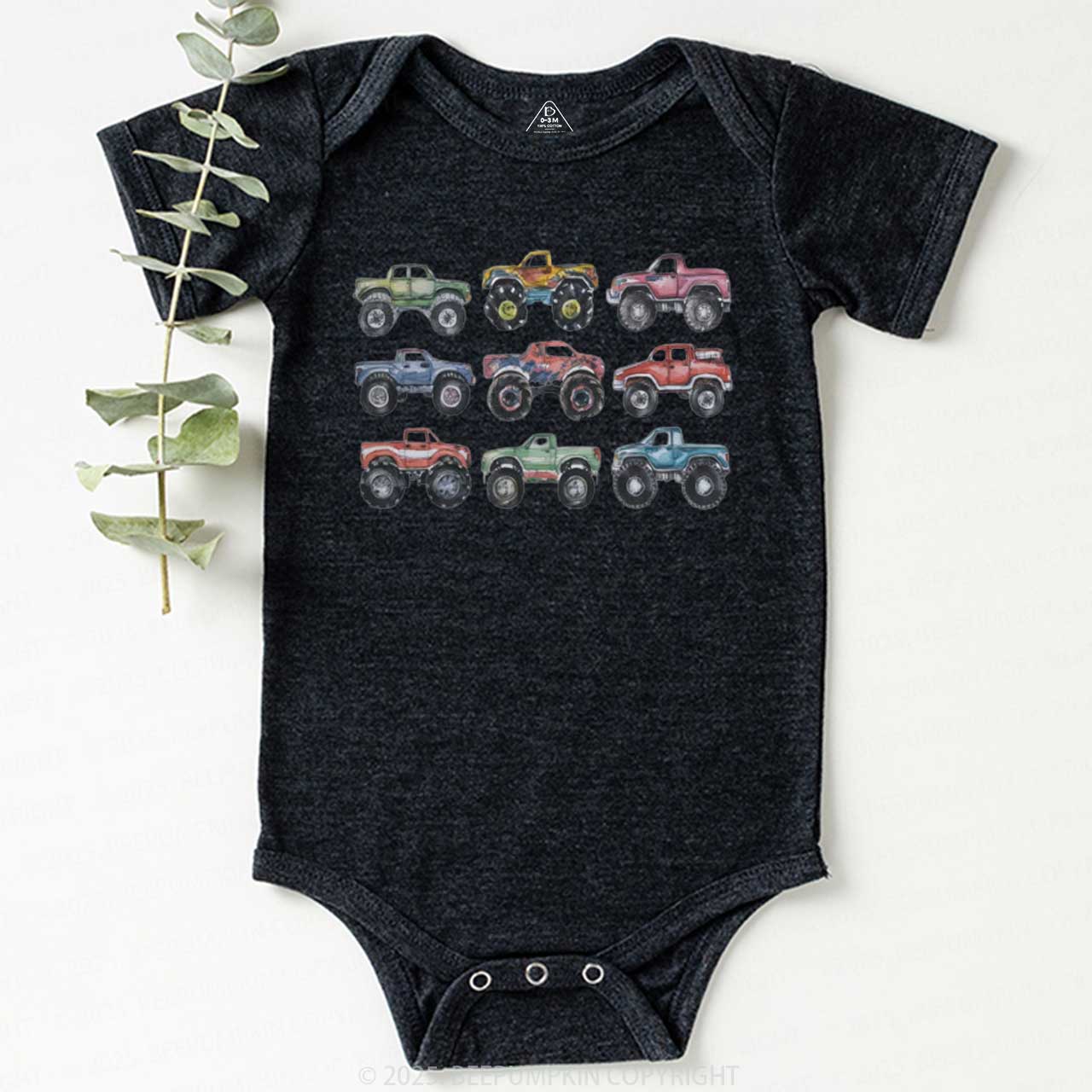 Retro Monster Trucks In A Row Bodysuit Beepumpkin
