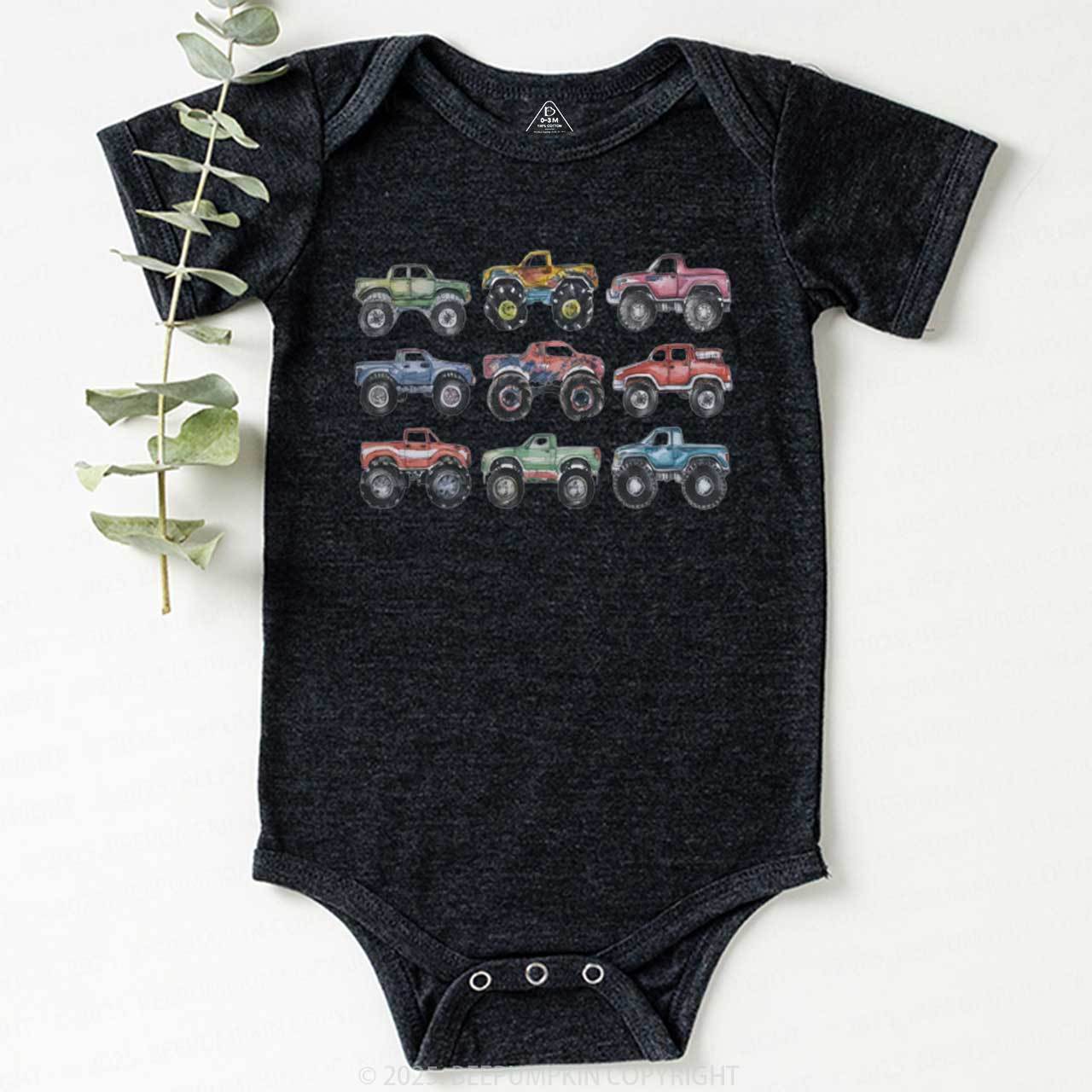 Retro Monster Trucks In A Row Bodysuit Beepumpkin