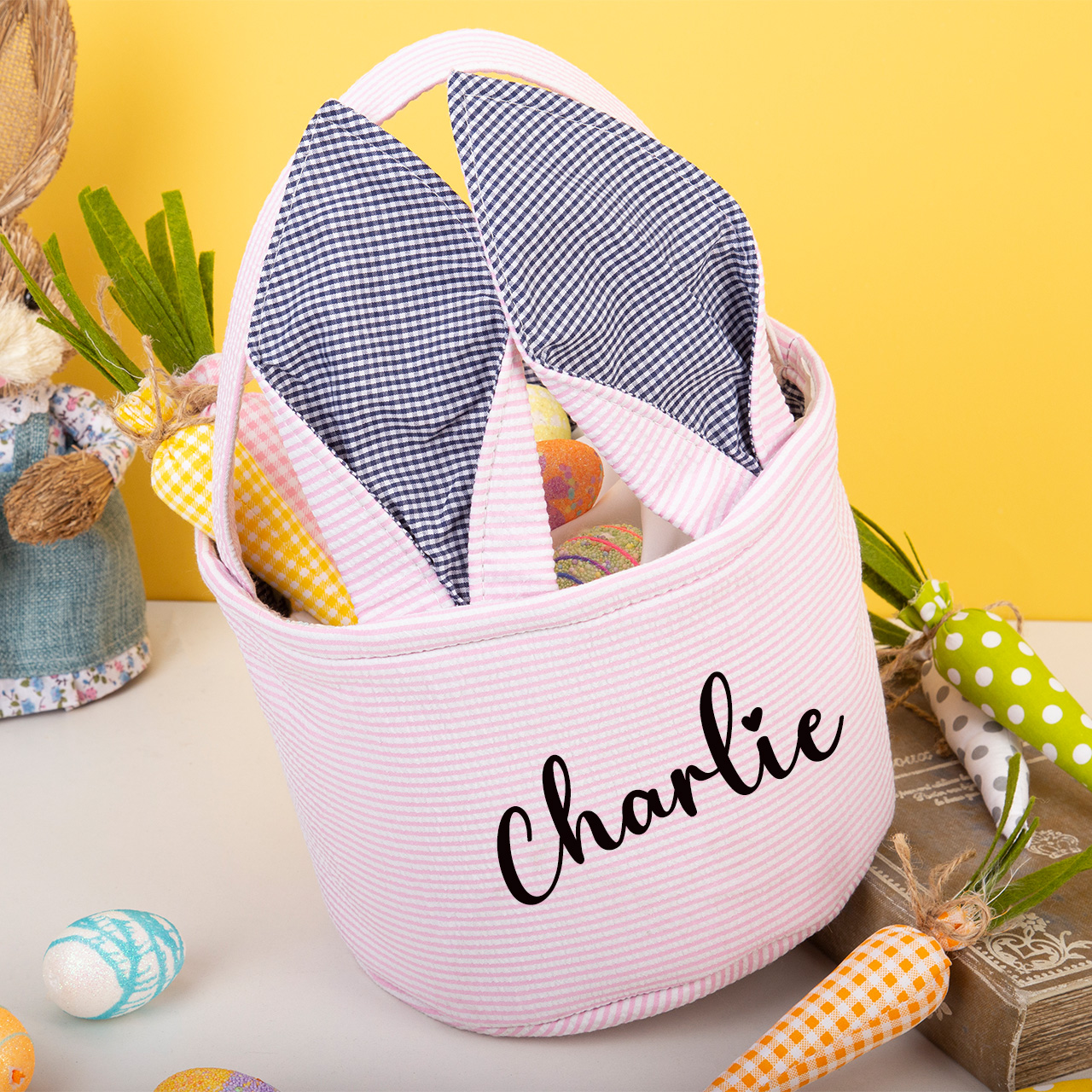 Personalized Name Seersucker Vintage Rabbit Ears Basket