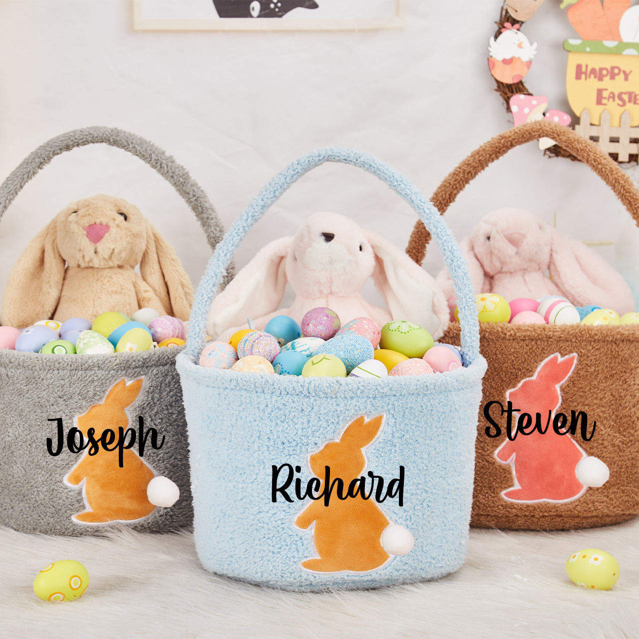 Personalized Name Easter Bucket Plush Bunny Basket