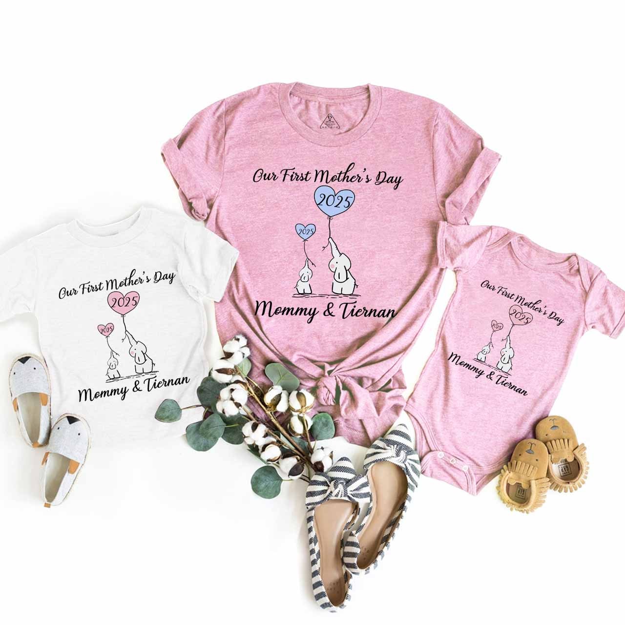 Pink Blue Ballon & Elephants Mom&Me Matching Tees