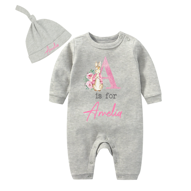 Personalized Pink Rabbit Romper And Hat Set
