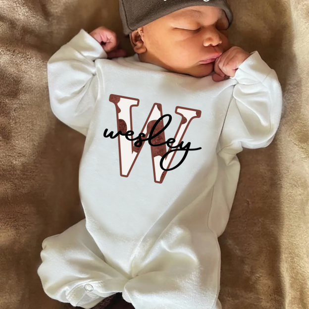 Personalized Cow Print Neutral Baby Romper And Hat Set
