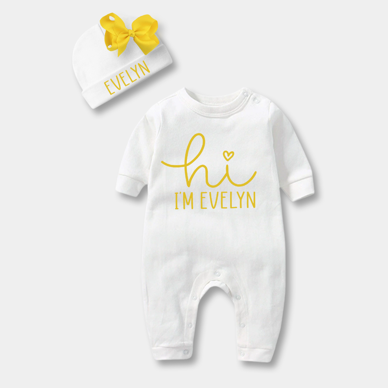 Personalized Hi I'm xxx Bodysuit & Bow Hat Set Beepumpkin
