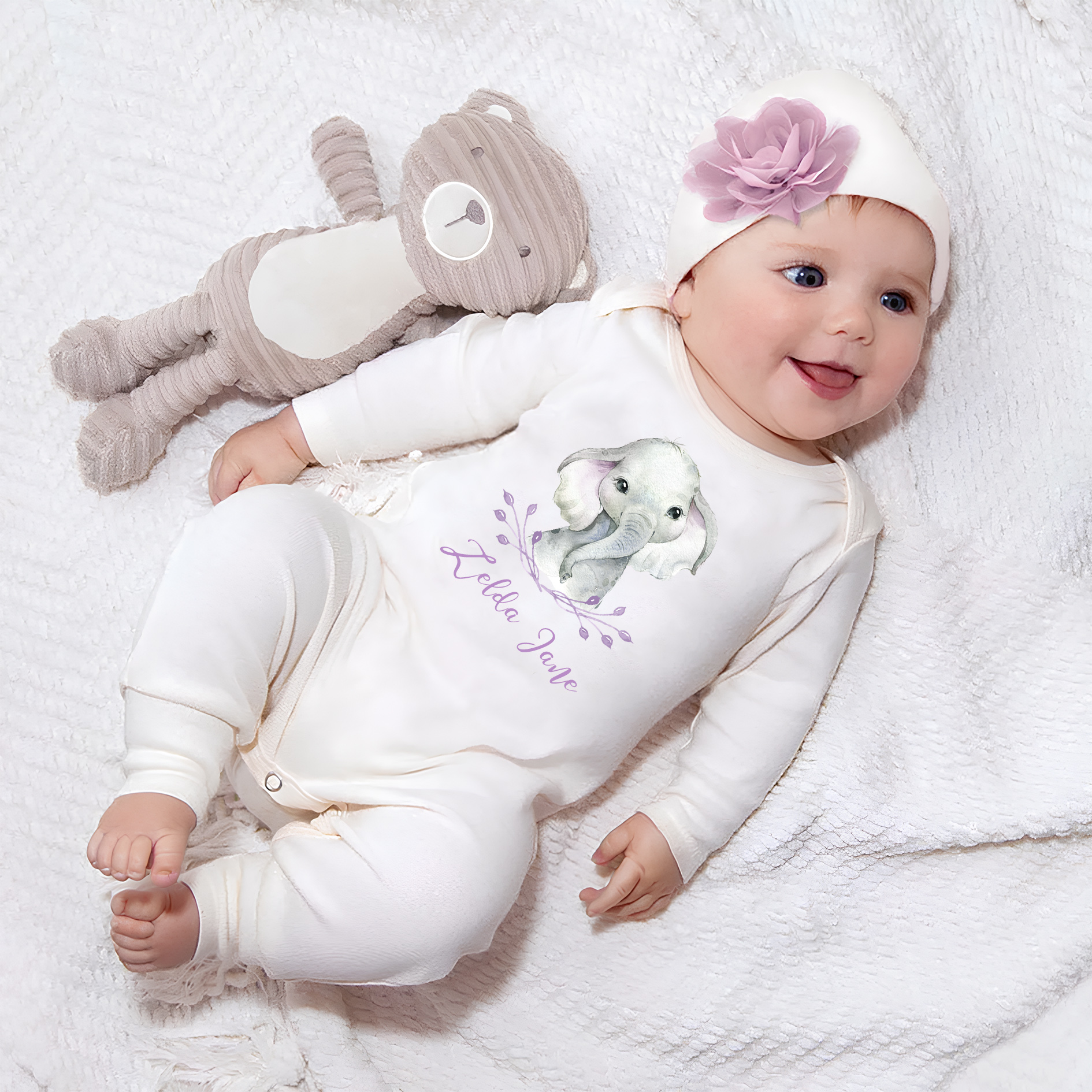 Personalized Elephant Purple Baby Flannel Baby Girl Going Home Outfit