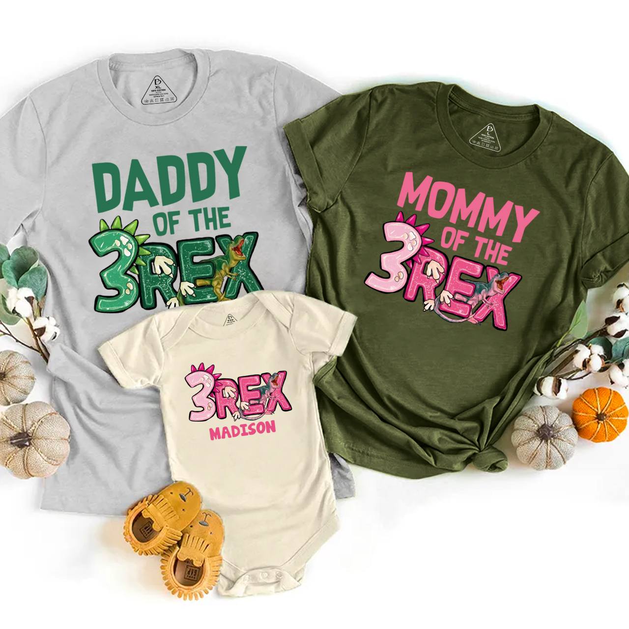 Personalized Three Rex Dinosaur Family Matching Tees Beepumpkin