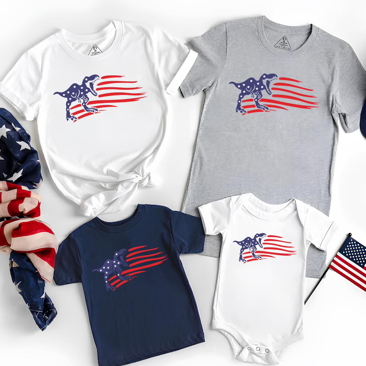 Patriotic Dinosaur American Flag Independence Day Family Matching Shirts