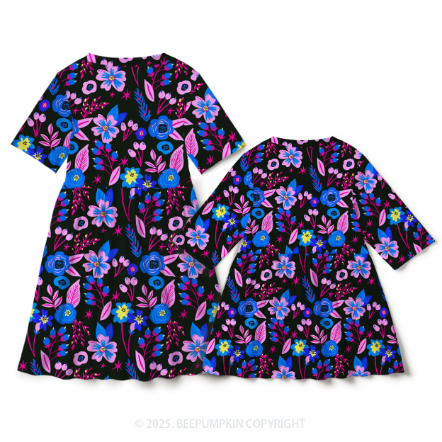 Dark Night Flowers Mom&Me Matching All Over Print Dress