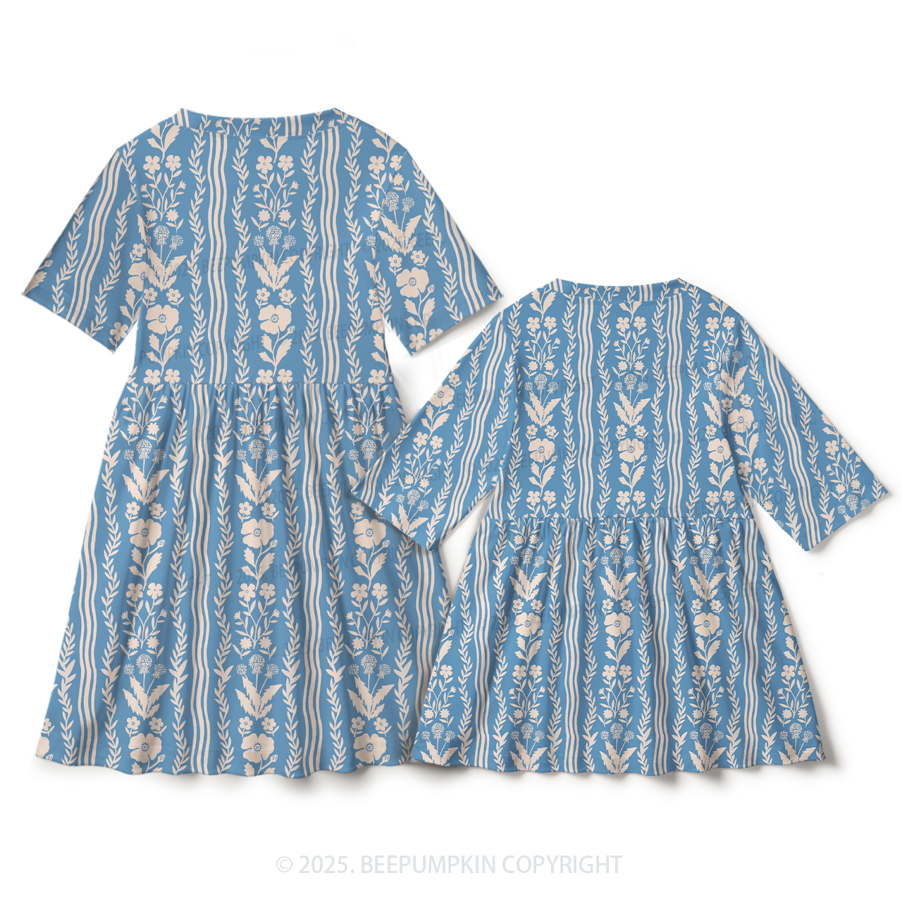 Elegant Blue Flowers Mom&Me Matching All Over Print Dress