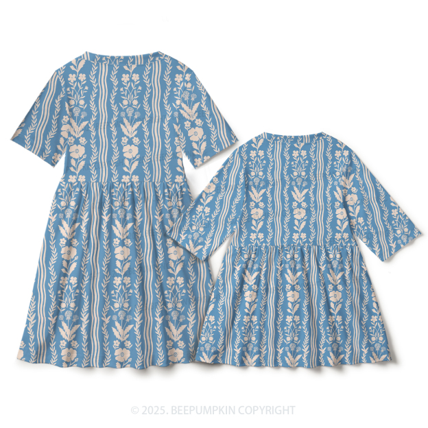 Elegant Blue Flowers Mom&Me Matching All Over Print Dress