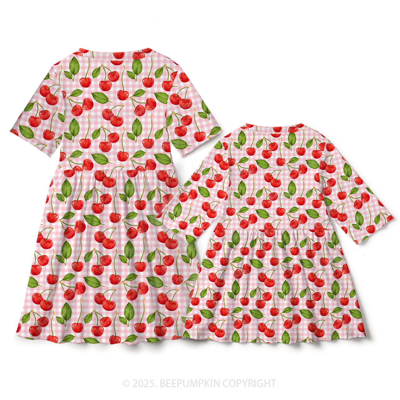 Pink Plaid Cherry Mom&Me Matching All Over Print Dress