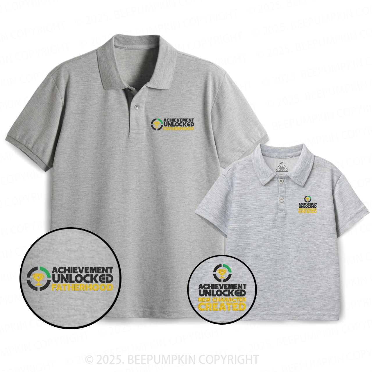 Embroidery Achievement Unlocked Fatherhood Dad&Me Matching Polo Shirt Beepumpkin