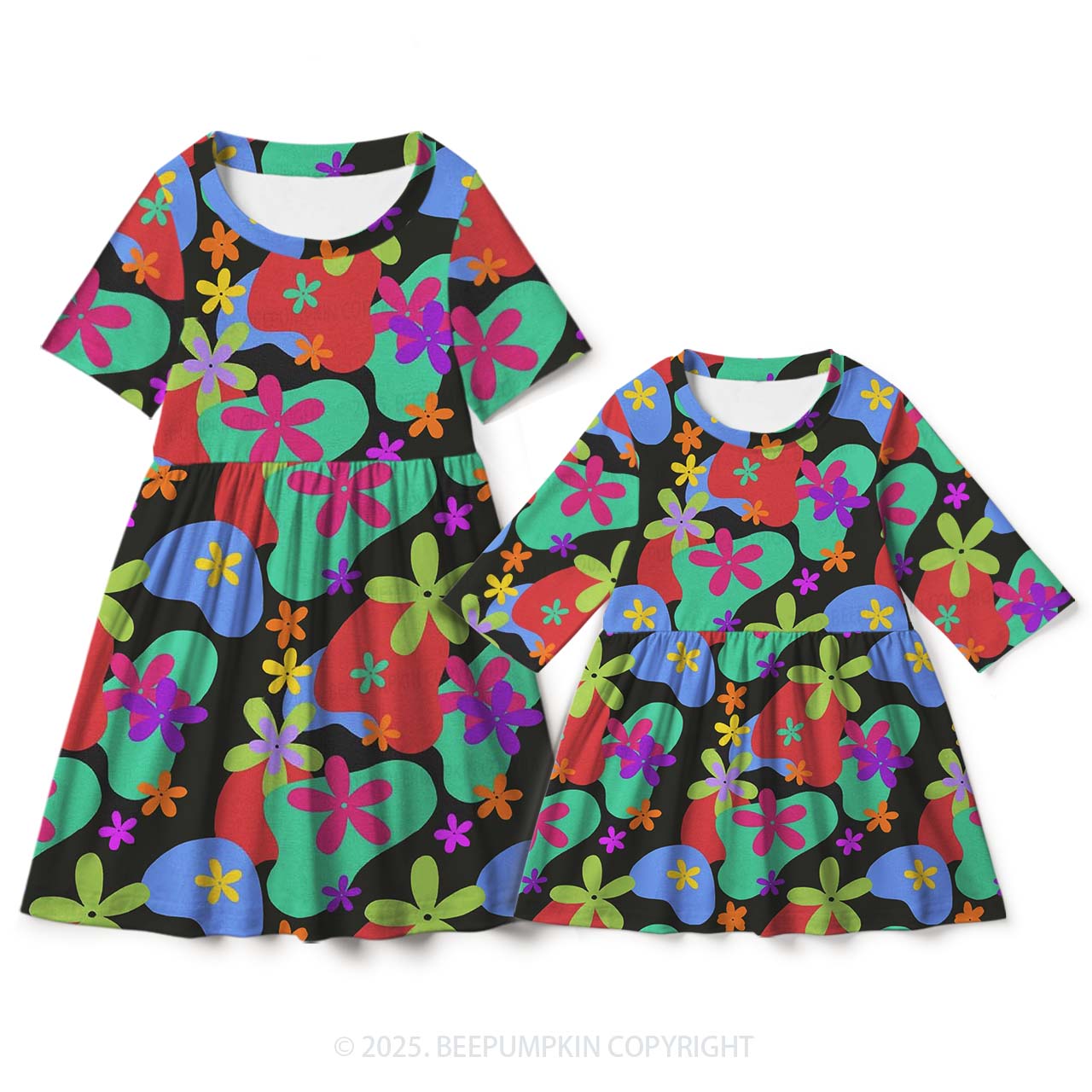 Vivid Floral Shadows Mom&Me Matching All Over Print Dress