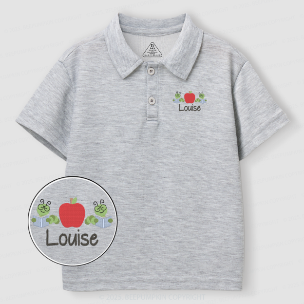 Embroidery Personalized Bookworm With Apple Toddler&Kid's Polo Shirt Beepumpkin