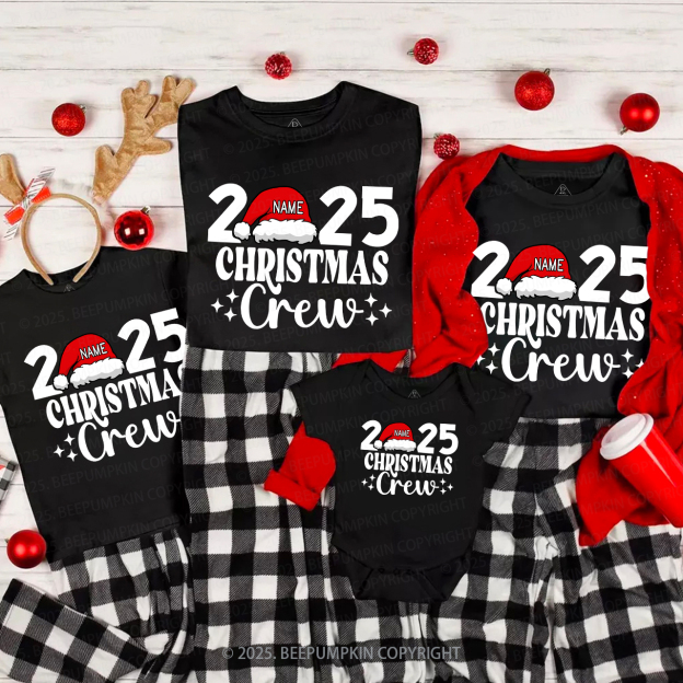 Personalized Christmas Crew 2025 Name On Santa Hat Shirts