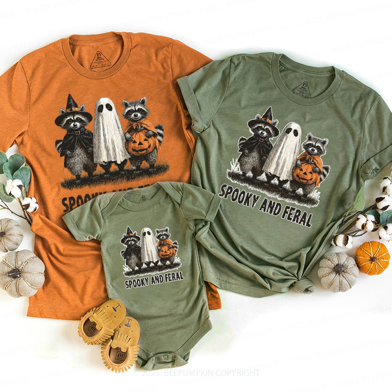 Spooky And Feral Raccoon Halloween Family Matching Shirts