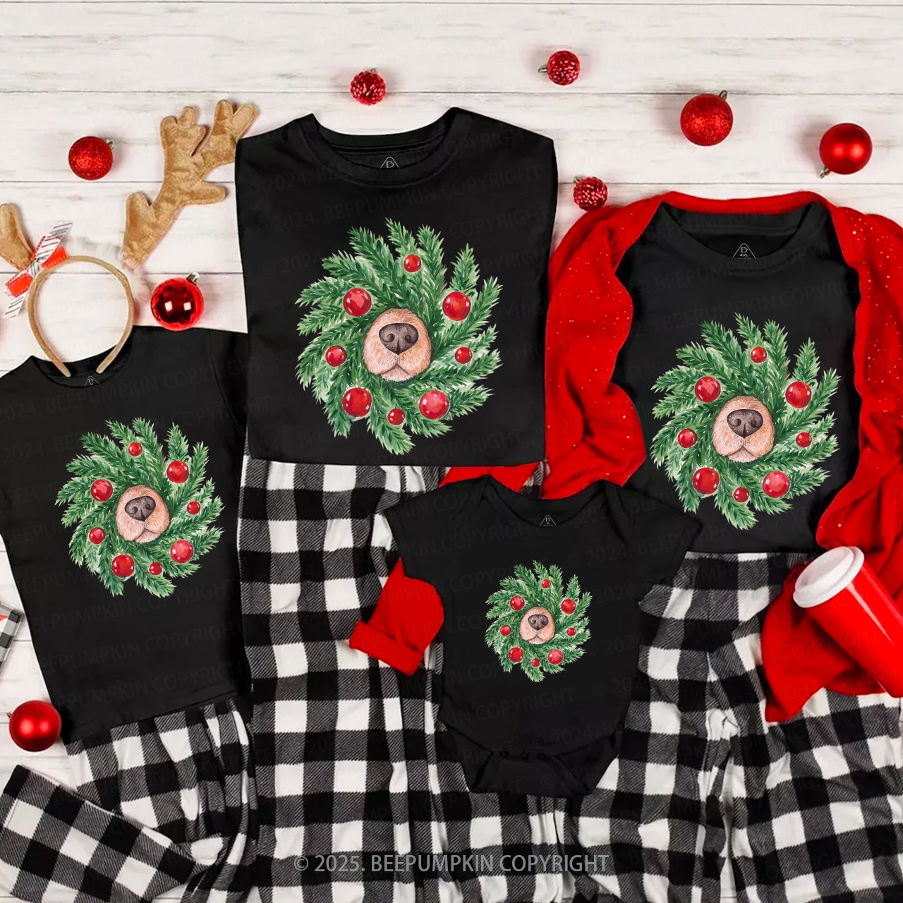 Dog Nose Christmas Wreath Family Matching T-Shirts Beepumpkin