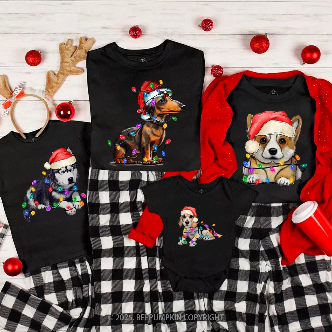 Personalized Dog Christmas Tree Lights Family Matching T-Shirts Beepumpkin