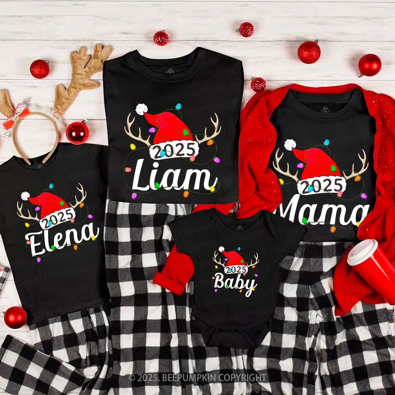 Personalized Jolly Antlers & Lights 2025 Family Matching T-Shirts Beepumpkin
