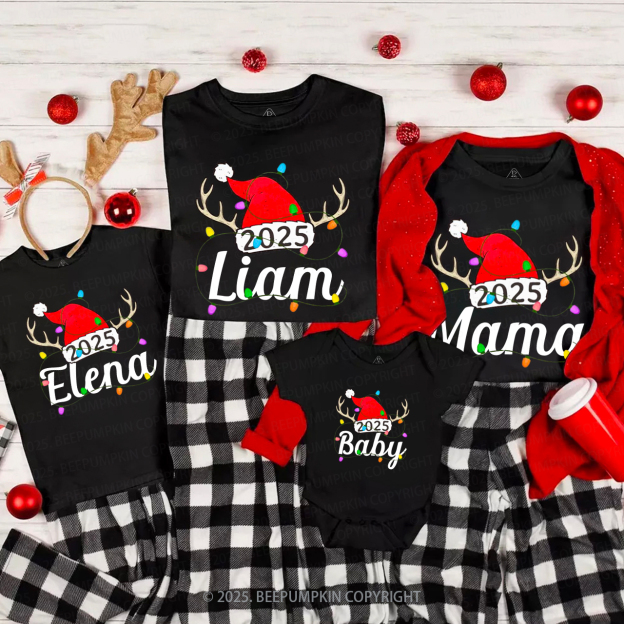 Personalized Jolly Antlers & Lights 2025 Family Matching T-Shirts Beepumpkin