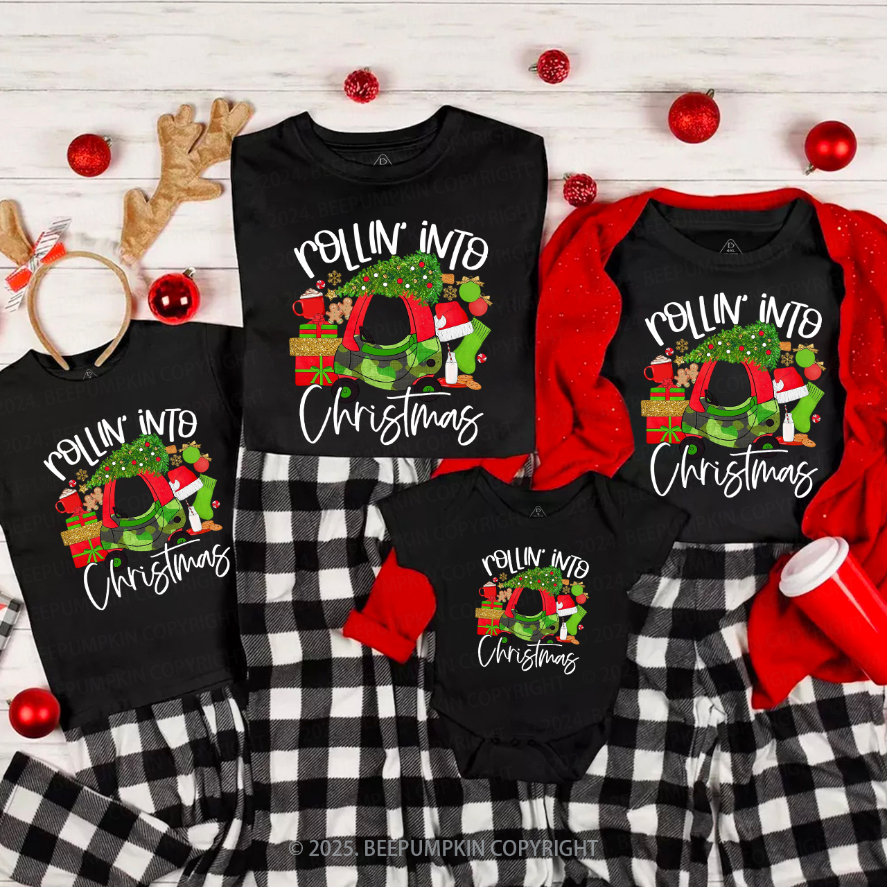 Rollin' Into Christmas Family Matching T-Shirts Beepumpkin