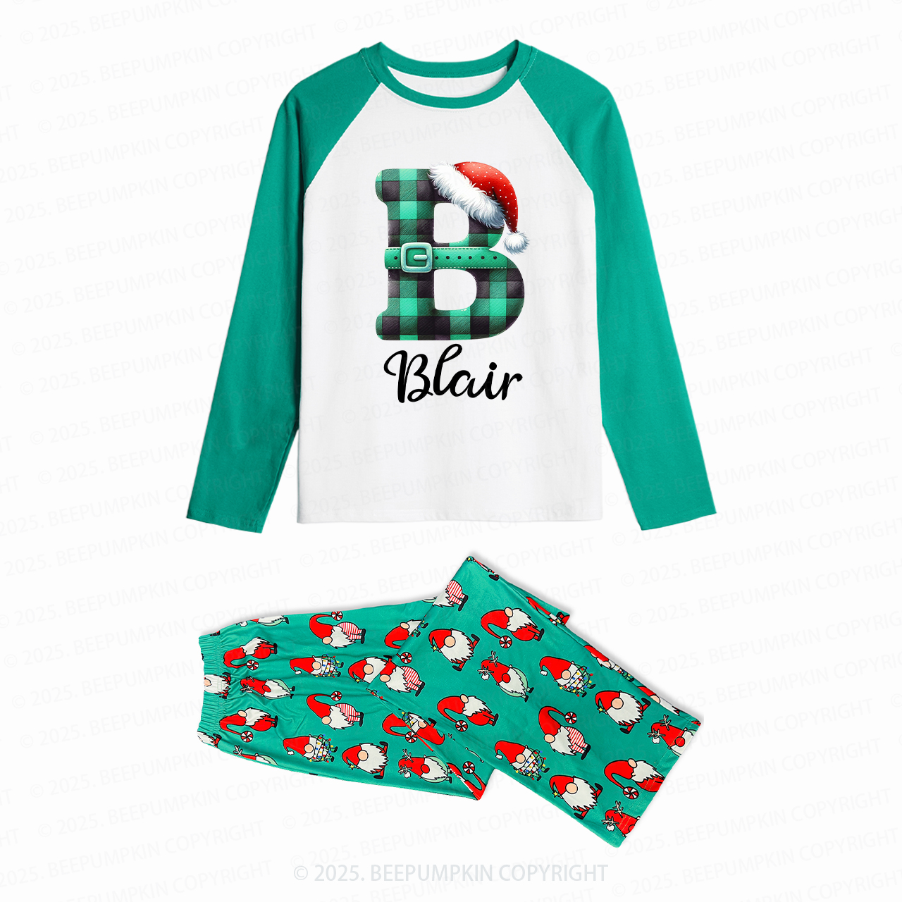 Personalized Green Plaid Letter Family Matching Christmas Gnomes Pajamas Beepumpkin