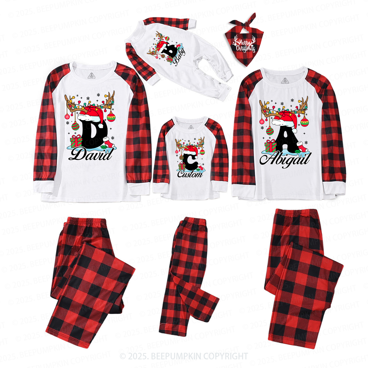 Personalized Antlered Alphabet Joy Christmas Family Matching Pajamas