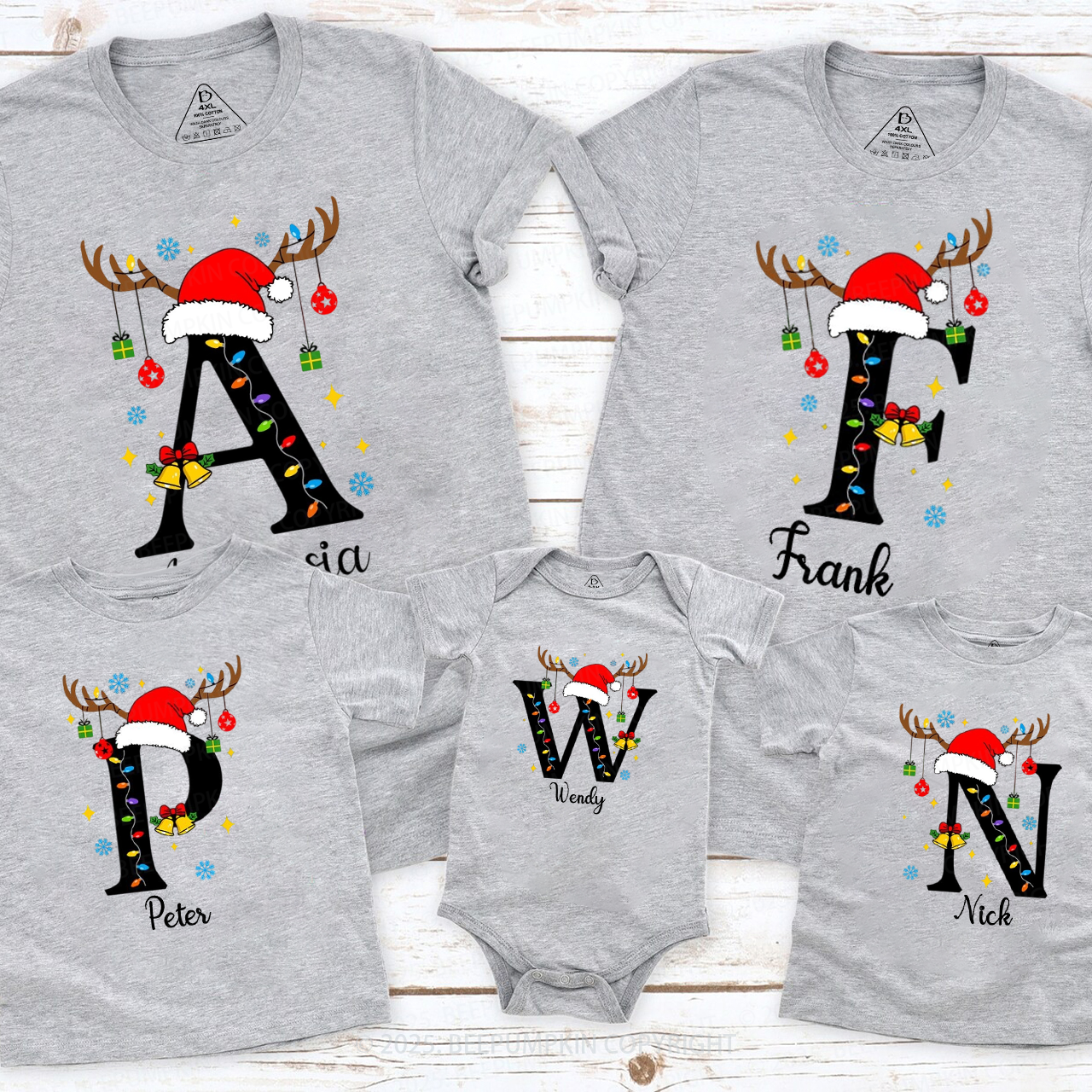 Personalized Alphabet Christmas Name Family Matching T-Shirts Beepumpkin
