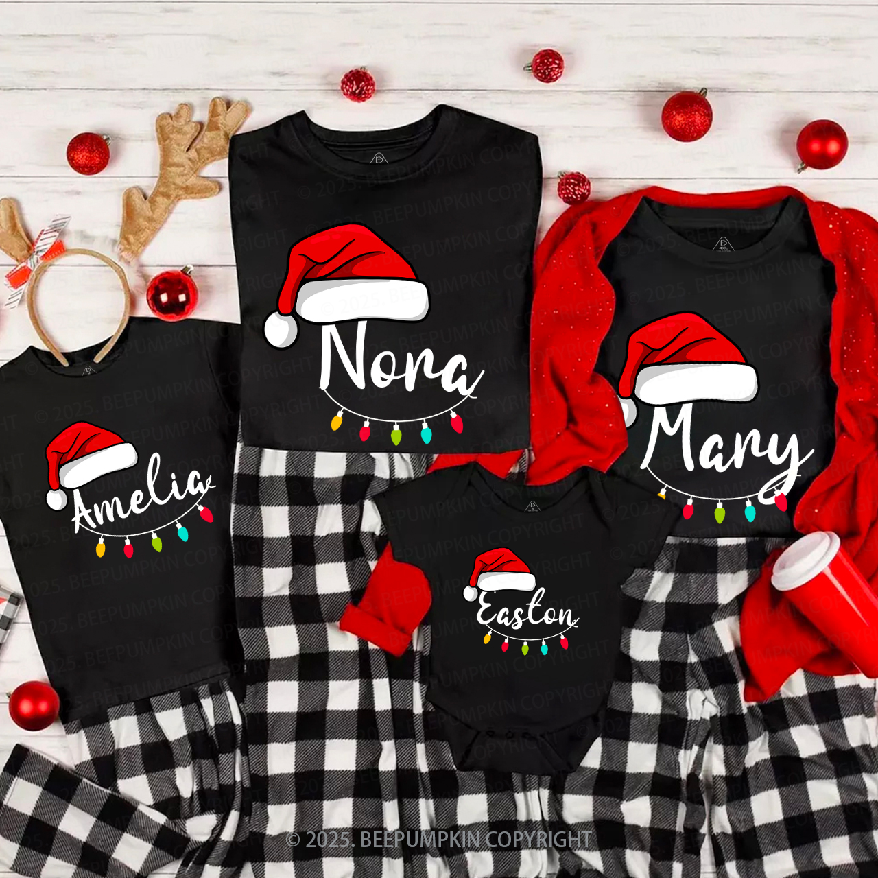 Personalized Santa Hat & Holiday Lights Family Matching T-Shirts Beepumpkin
