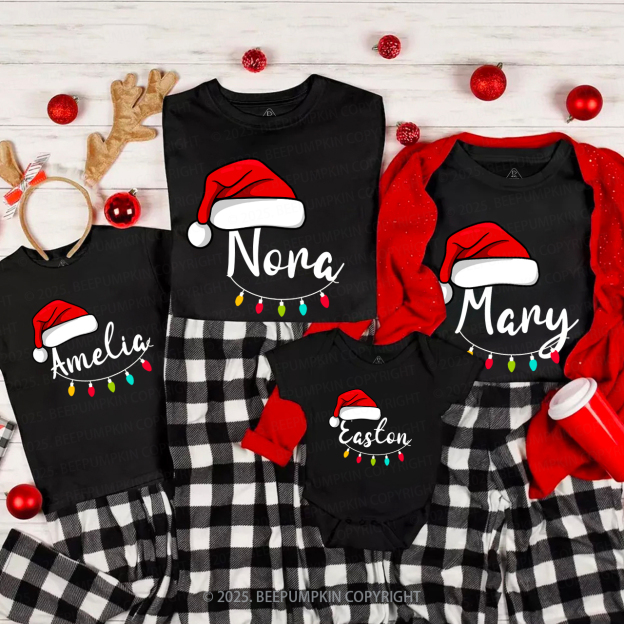 Personalized Santa Hat & Holiday Lights Family Matching T-Shirts Beepumpkin