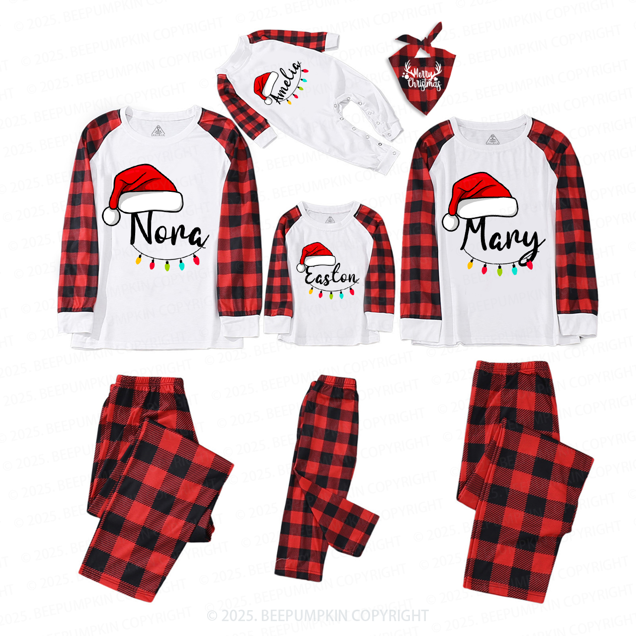 Personalized Santa Hat & Holiday Lights Family Matching Pajamas