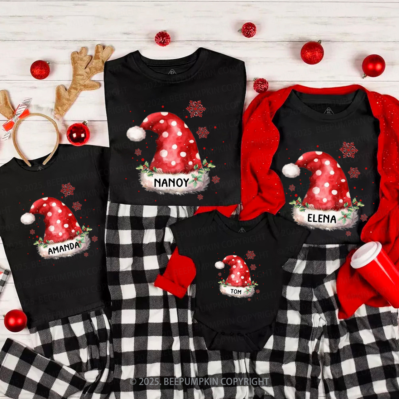 Personalized Christmas Hats Name Family Matching T-Shirts Beepumpkin