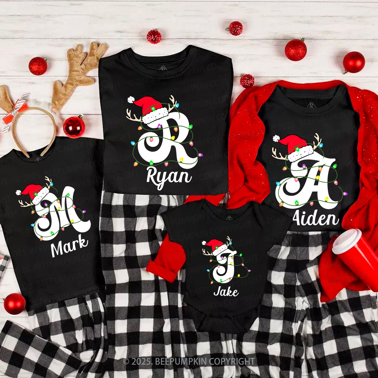 Personalized Christmas With Name Letter Family Matching T-Shirts Beepumpkin