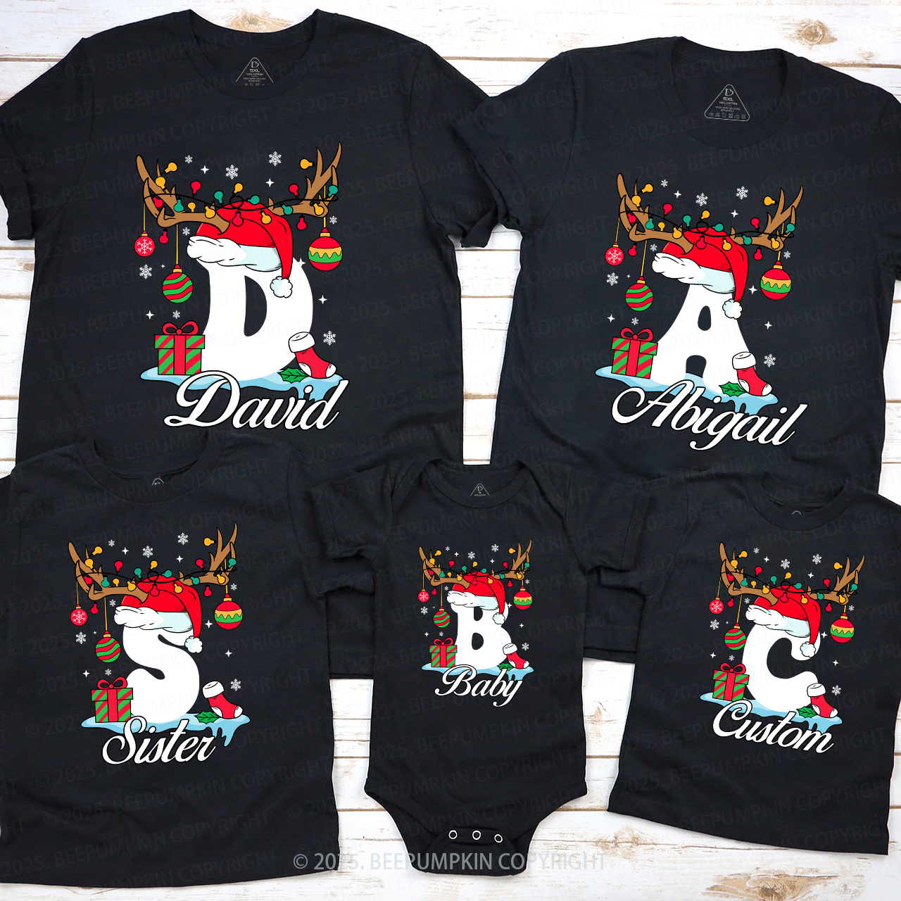 Personalized Antlered Alphabet Joy Christmas Family Matching T-Shirts Beepumpkin